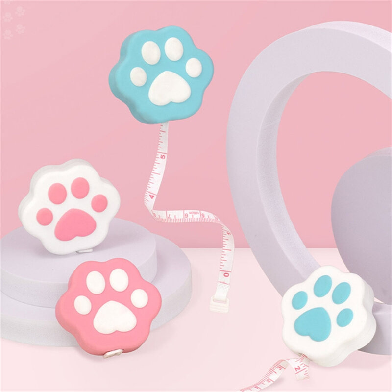 Cute Kitten Paw Shape Body Measure Tape, Portátil, Cartoon, Soft Measuring Tape com Lock Pin, Push Button, Mini Costura Alfaiate Artesanato