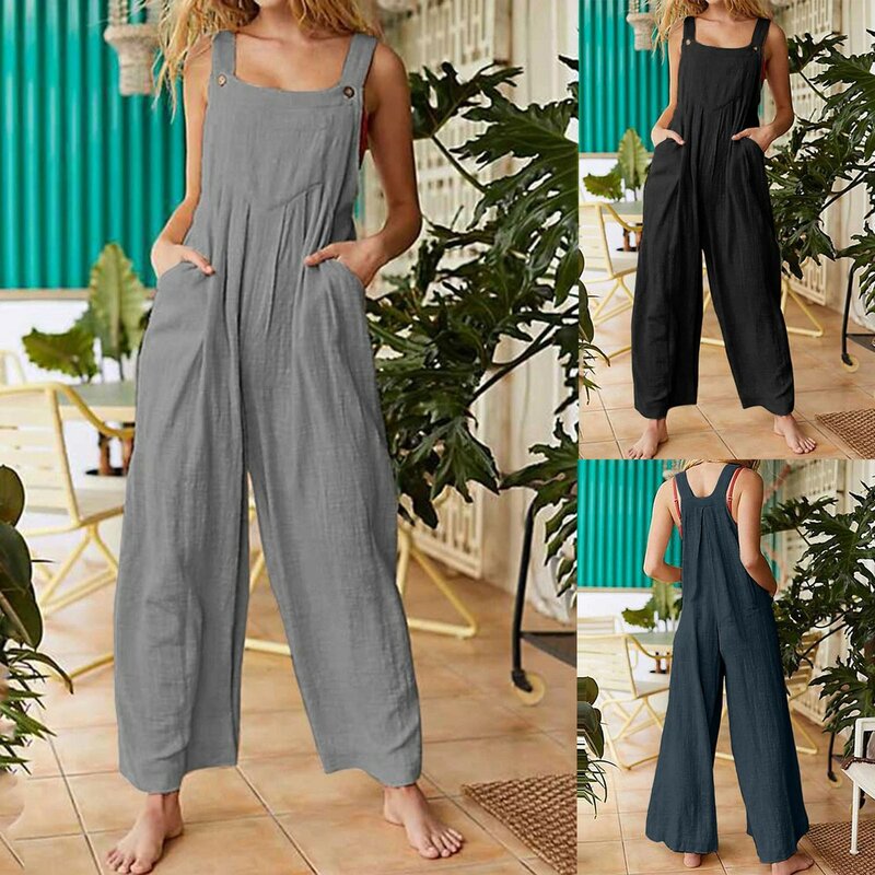 Summer Fashion Retro Jumpsuits Casual Holiday Beach Sleeveless Button Strap Wide Leg Rompers High-Waisted Jumpsuit Outfits