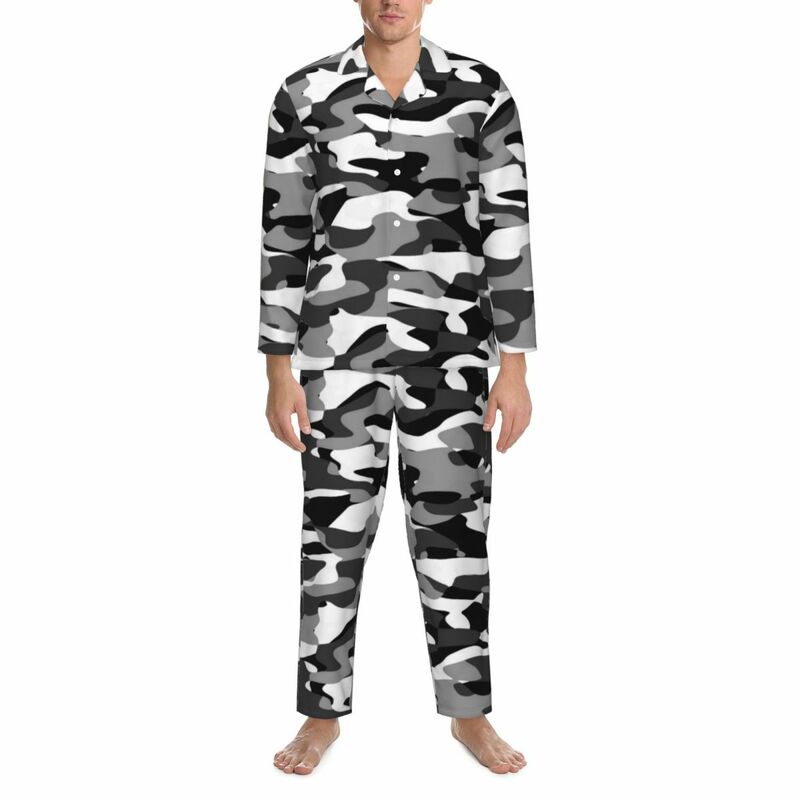 Donkergrijze Camo Pyjama Mannen Zwart En Wit Camouflage Trendy Slaapkamer Nachtkleding Herfst 2 Stuks Retro Oversized Pyjama Sets