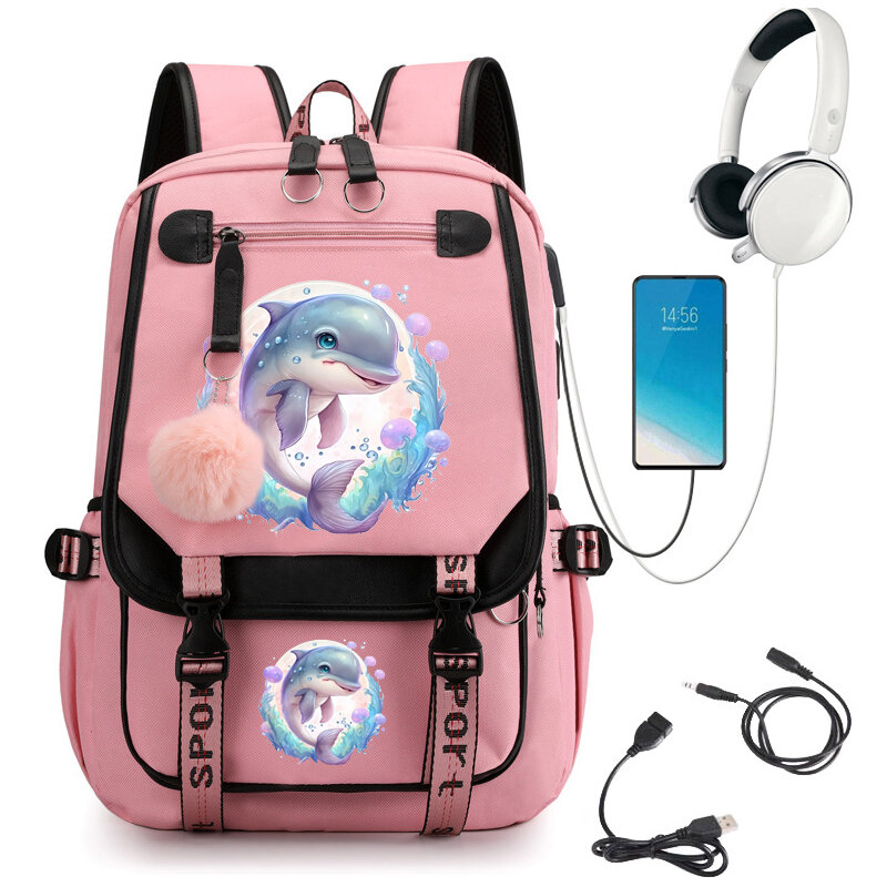 Милый школьный рюкзак мечтательной тематики с изображением дельфина, школьная сумка с мультипликационным рисунком, школьный рюкзак для учеников и подростков, дорожный рюкзак для ноутбука, милый рюкзак