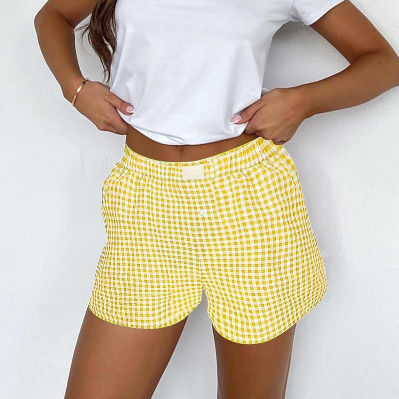 Elastische Bund Shorts stilvolle Plaid Print Damen Sommer Shorts mit elastischen Seiten taschen mit hoher Taille Retro gerade oben