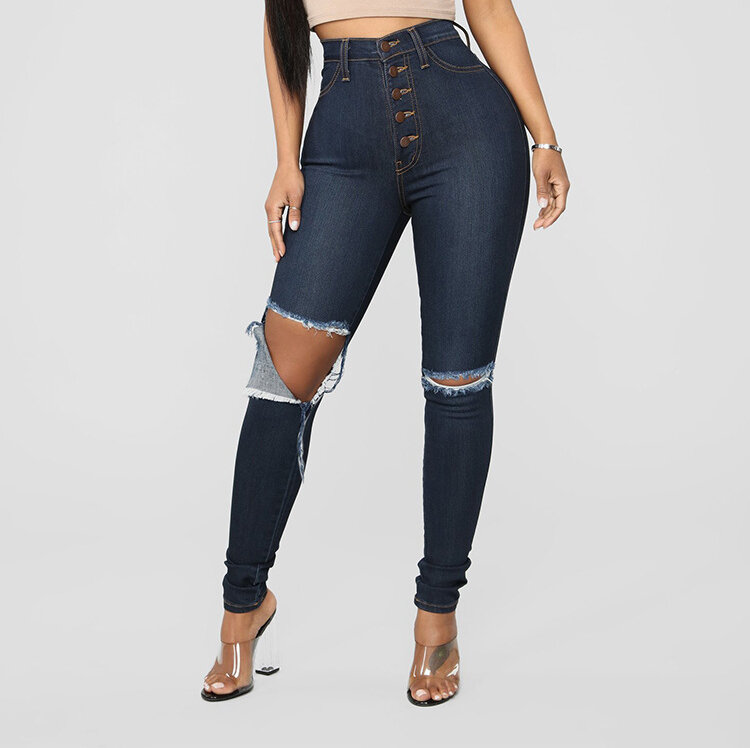 Calças jeans skinny rasgadas de peito único feminino, jeans de cintura alta, roupas stretch
