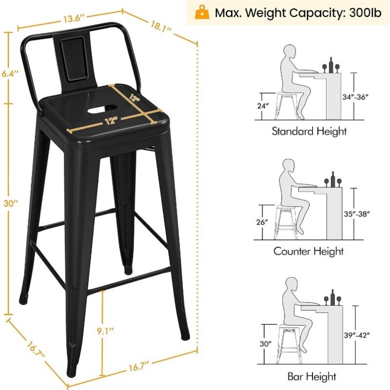 مقاعد بار معدنية بظهر منخفض ، كرسي مطبخ ، كراسي بارستول صناعية غير لامعة ، مجموعة من 4 ، للاستخدام الداخلي والخارجي