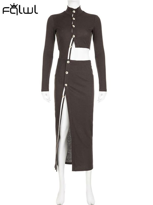 Соблазнительная Черная Трикотажная асимметричная юбка из 2 предметов, Женский комплект из юбки с длинным рукавом и разрезом на пуговицах, модель 2023 года, соответствующий комплект