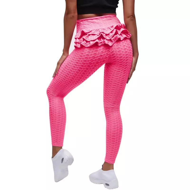 Pantalones de Yoga de burbujas de Jacquard para mujer, mallas deportivas con volantes, cintura alta, levantamiento de cadera, ajuste Delgado, Sexy, ciclismo, trotar