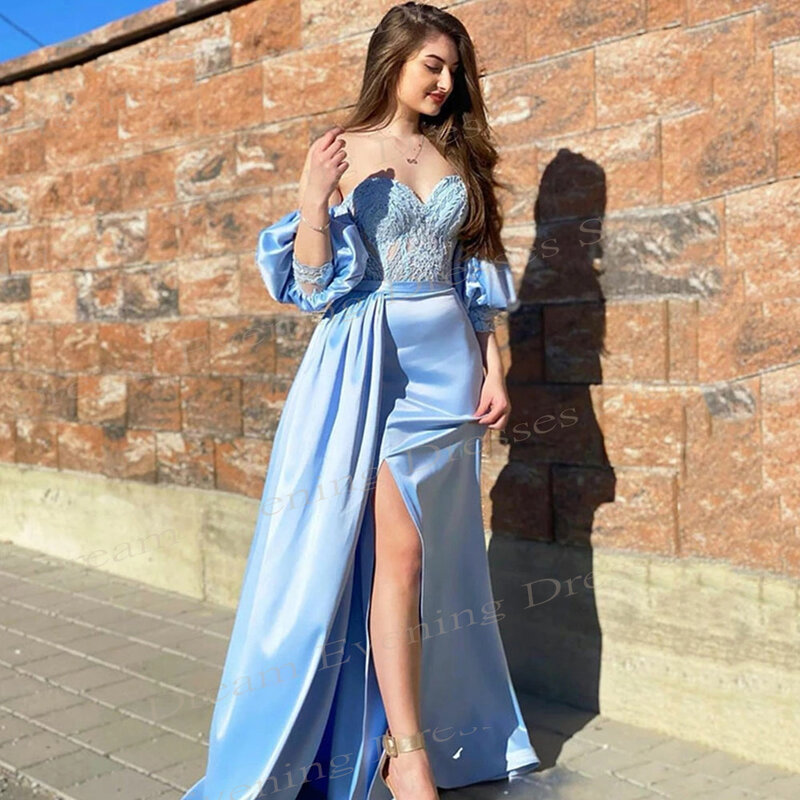 Gracioso e charmoso vestido sereia céu azul para mulheres, vestidos de baile com fenda lateral, sexy e charmoso, apliques modernos