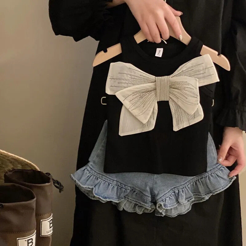 Korean Summer Children's Sets 2024 Fashion Bow Vest Short Suit for Girls Knit Vest Lace Denim Shorts 2pcs Set  Baby Girl Clothes