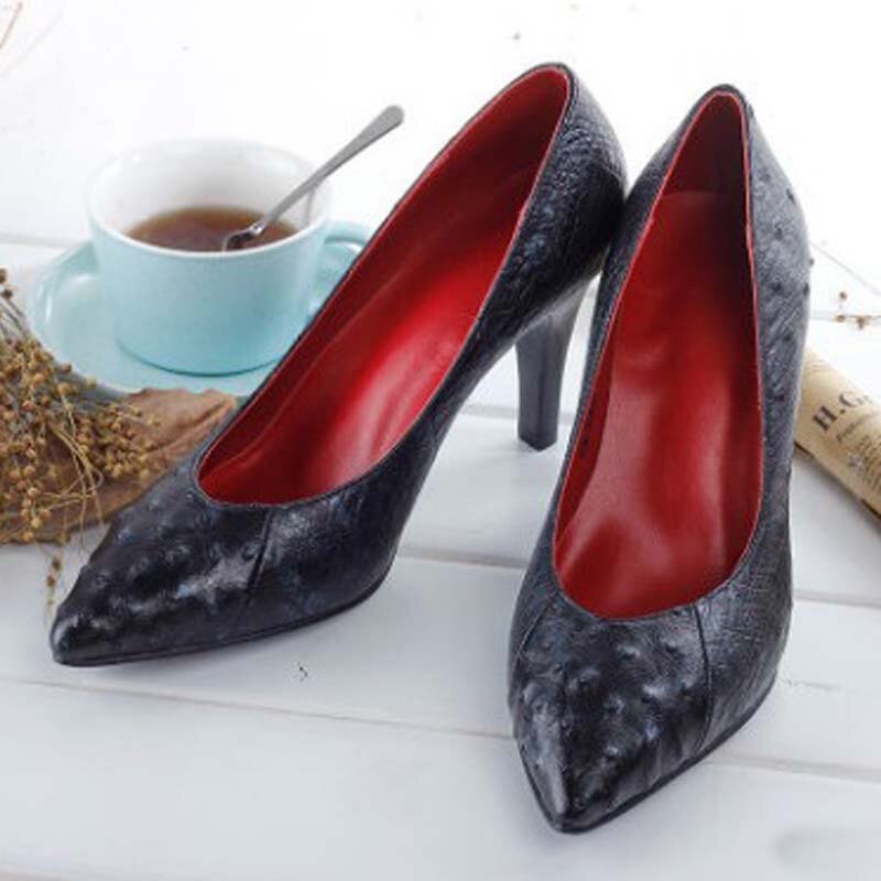 Ourui – chaussures en cuir véritable d'autruche, talons hauts, rose bouche peu profonde Simple pour femmes