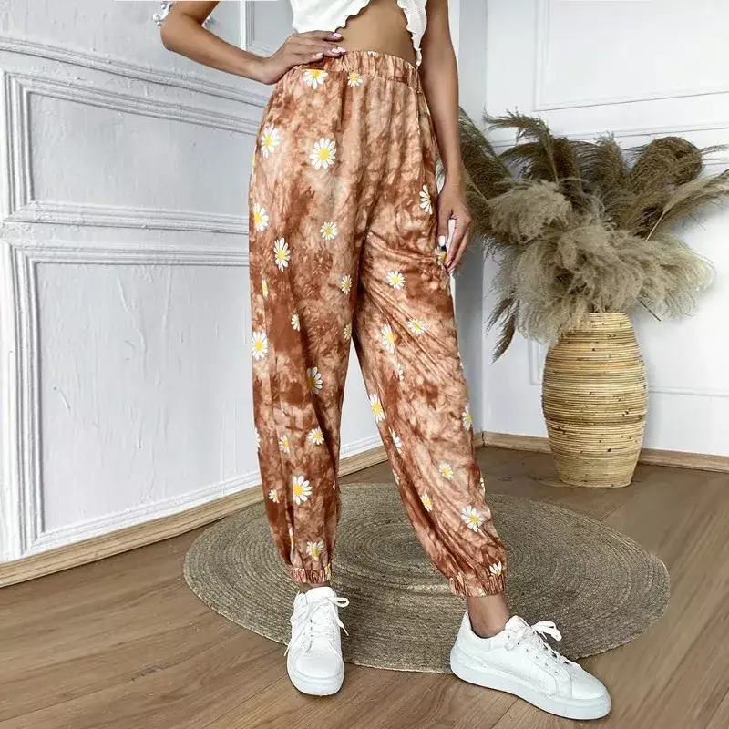 Stile coreano alla moda piccola margherita stampa nuovi vestiti da donna stampa piccola margherita Casual gamba larga Leggings Streetwear 2024 YSQ50