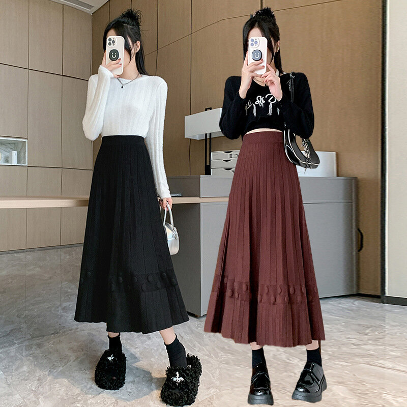 Saia solta de malha de comprimento médio para senhoras, cintura alta, estilo coreano, simples, monocromática, tamanho grande, na moda