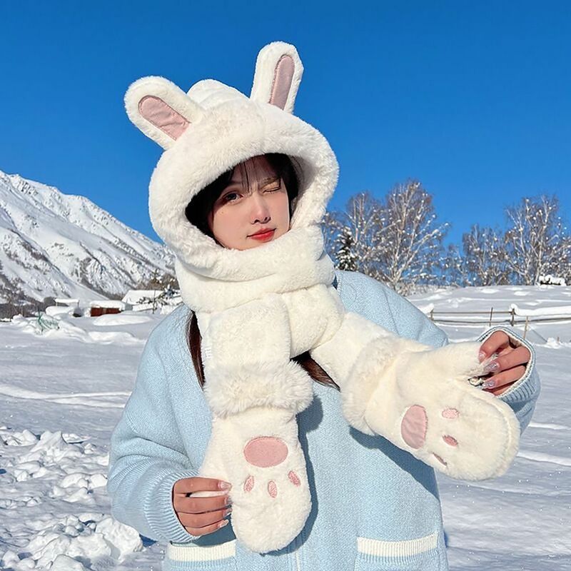 Зимняя теплая шапка шарф перчатки Комплект Удобная плюшевая шапка с милым кроликом без козырька шапки Теплый шарф повседневная одежда