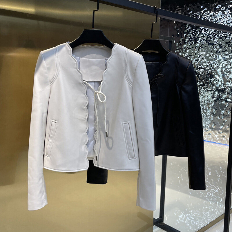 2022 New Lady giacche in pelle Wave Tie Solid Short cappotto in vera pelle di pecora elegante moda Crop Outwear autunno Streetwear AEL4939