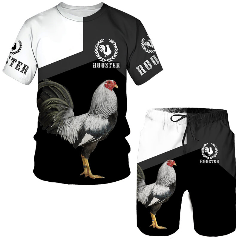 수탉 사냥 여름 남성용 3D 프린트 티셔츠 및 반바지 세트, 수탉 동물 반팔, 2 피스 오버사이즈 슈트