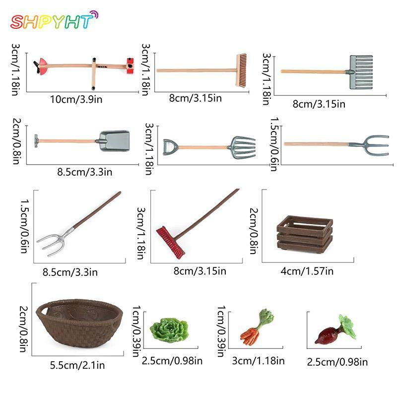 Miniature Farm Tool for Dollhouse, Gardening Shovel, Rake, Lawn Mower, Vegetable Model, Outdoor Planting Scene Tool, 1Set