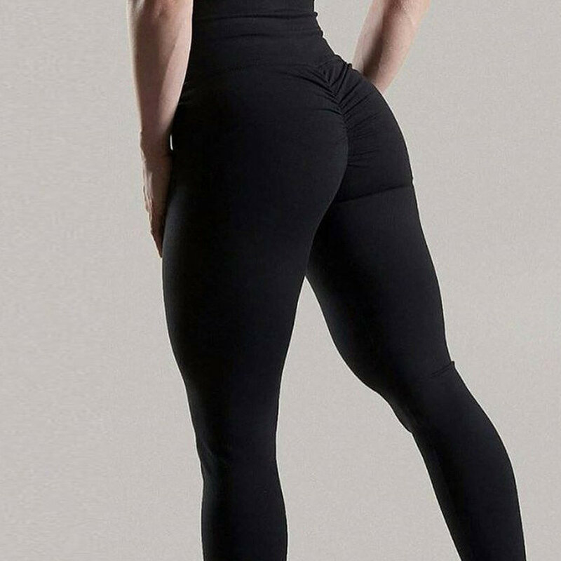 Damskie spodnie do jogi z tyłu V tyłek legginsy treningowe elastyczne Fitness marszczone rajstopy z wysokim stanem spodnie do biegania w jednolitym kolorze odzież sportowa