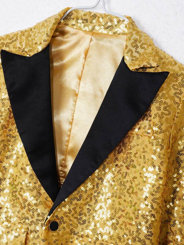 Kids Boys Jazz Dance Performance Tops Shiny Sequins Lapel One Button Suit Jacket Coat Blazer Tuxedo for Wedding Banquet Party