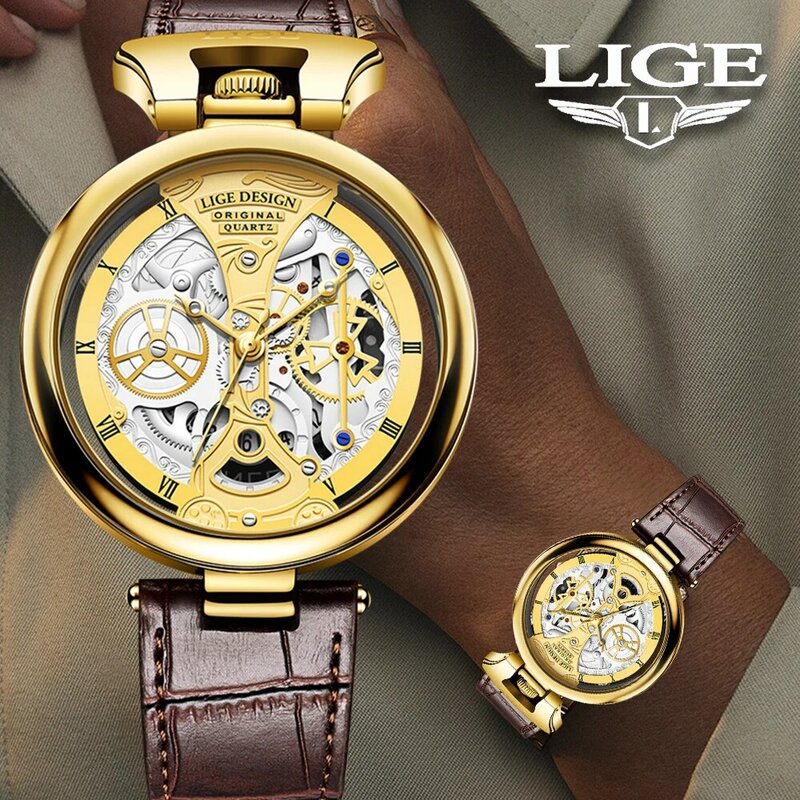 LIGE-Relógios de luxo quartzo para mulheres, cronógrafo, impermeável, casual, pulseira de couro, relógio feminino, relógio de moda, top, nova marca
