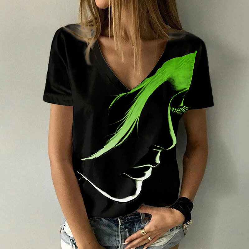 Camiseta de manga corta con cuello en V para mujer, a la moda sexy y ropa de calle, fotos abstractas impresas en 3D