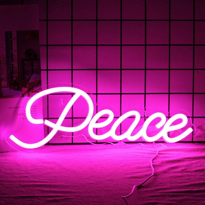Peace Neon Sign LED Home Room Decoration, USB 62Letter Logo Lights, Party Bedroom, Gamer Room, Face Art Wall Lamp