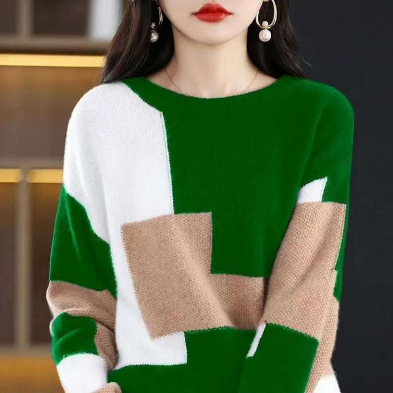 2024 Large Size Knitwear Loose Thin Autumn And Winter Jumper Female Color Matching Warm Sweater Casual Fashionable Base Shirt