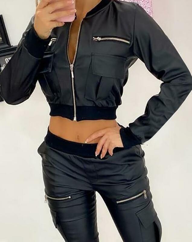 Jaket wanita musim gugur baru 2023 kulit Pu desain saku ritsleting jaket lengan panjang mode sehari-hari jaket Crop pakaian jalanan