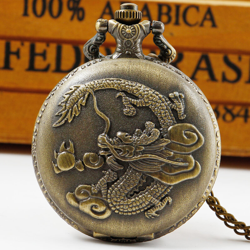 Antyczny Chinoiserie wzór smoka kwarcowy zegarek kieszonkowy Retro osobowość fajny męski naszyjnik reloj de bolsillo