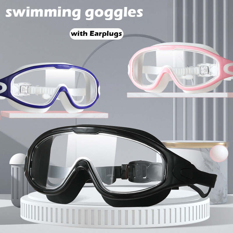 แว่นตาว่ายน้ำกรอบใหญ่แว่นตาแว่นตากันน้ำซิลิโคนพร้อมที่อุดหูแว่นตากันหมอก HD สำหรับผู้ชายผู้หญิงอุปกรณ์ว่ายน้ำ