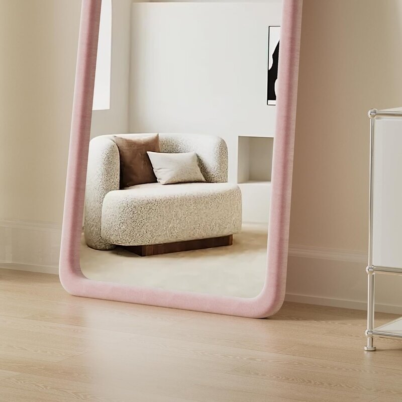 Espejo de longitud completa, espejo de piso arqueado con soporte, pared de 63 "x 24", longitud completa, grande con marco de franela, oreja corporal, espejos rosas