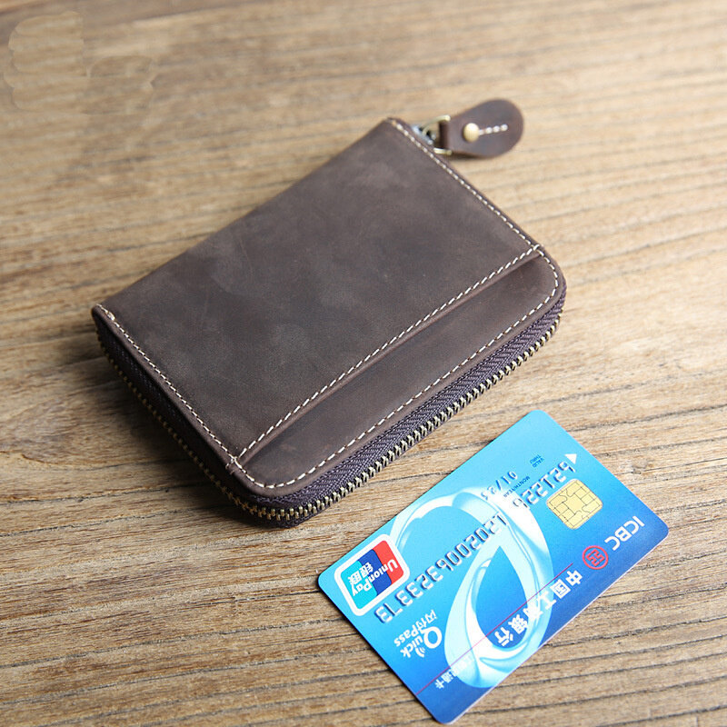 جلد طبيعي محفظة Vintage للرجال ، جيب سستة صغيرة ، مجنون الحصان ، حامل بطاقة ، محفظة النقود المعدنية