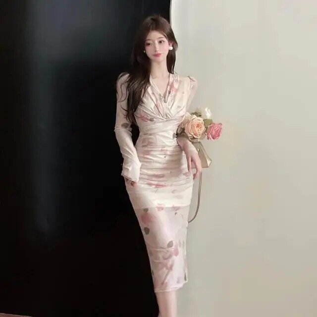 Vestido floral fragmentado para mulheres, costura de malha, decote em v, vestido de fenda, chinês, melhorado, sexy, outono, novo