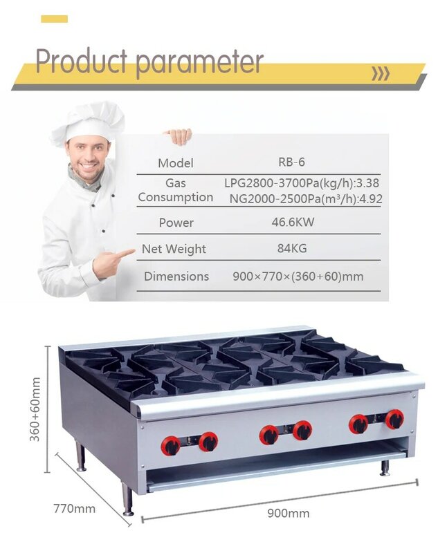 Restaurant Equipment With 6 Stove Gas Burner,Stainless Steel Cooking Range Gas Stove With Oven Machine
