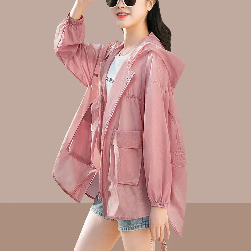 Jaket bertudung lengan panjang wanita, mantel tipis pendek musim panas musim semi, atasan luar ruangan, pakaian proteksi matahari Mode Korea T131