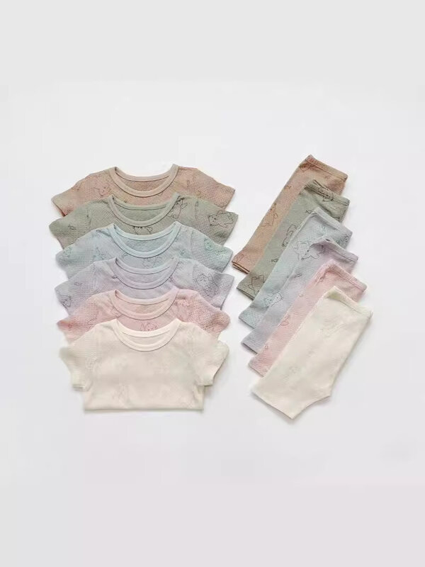 Conjunto de ropa de casa para bebé, traje de 2 piezas de manga corta y pantalones cortos transpirables con dibujos animados, de algodón, novedad de verano 2024