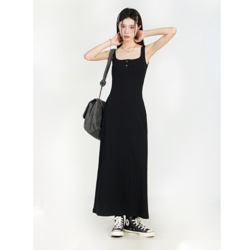Vestido largo negro con tirantes finos para mujer, traje Sexy sin mangas, color liso, ajustado, ropa de calle, Y2k, 2024