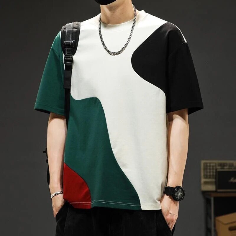 Mode O-Ausschnitt gespleißt All-Match asymmetrische T-Shirt Herren bekleidung Sommer neue übergroße lässige Pullover koreanische T-Shirt