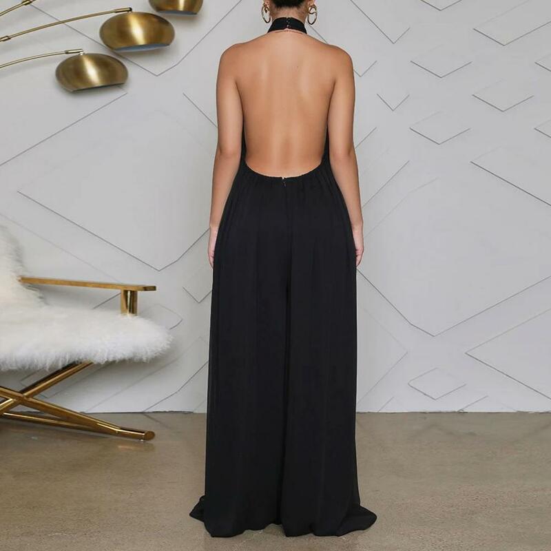 Women Sleeveless Halter Jumpsuit Oversized Long Wide Leg Pants Solid Color Sexy Backless Stight Leg Jumpsuit Feamle Rompers