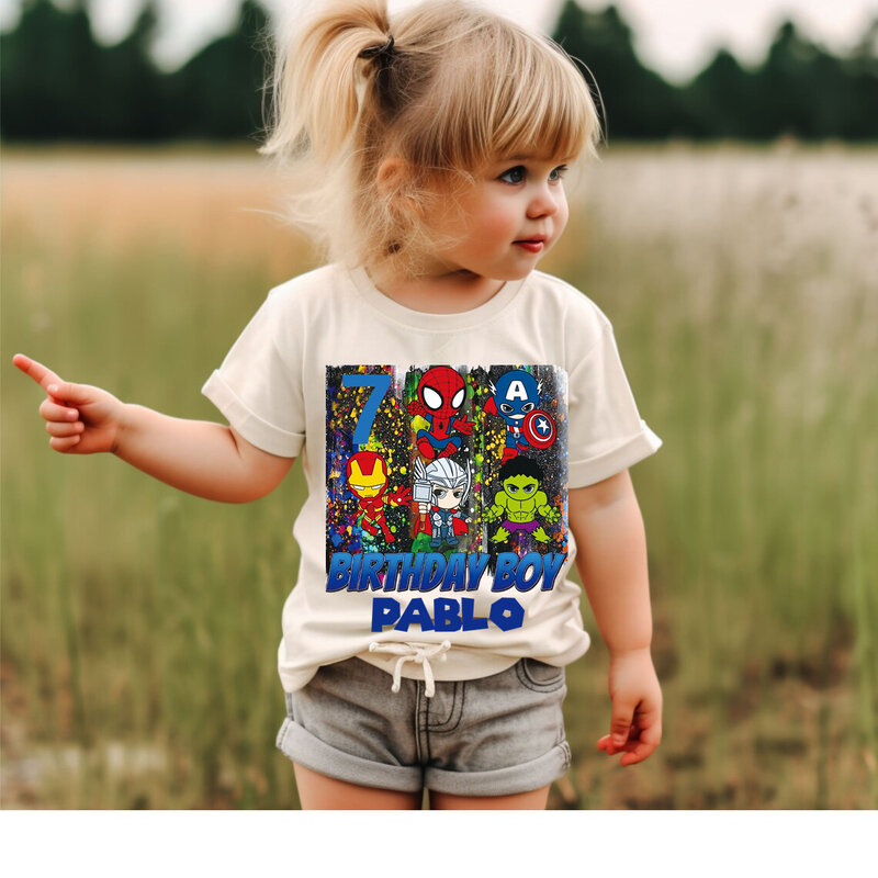 Camiseta de manga corta de los Vengadores para niños, camiseta de superhéroe de Marvel, nombre personalizado, 3, 4, 5, 6, 7, 8, 9 cumpleaños, verano, novedad