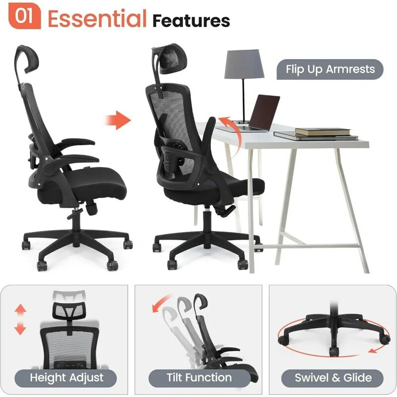 Reposacabezas de malla de espalda alta para oficina, altura ajustable y diseño ergonómico, escritorio de computadora para el hogar, soporte Lumbar ejecutivo