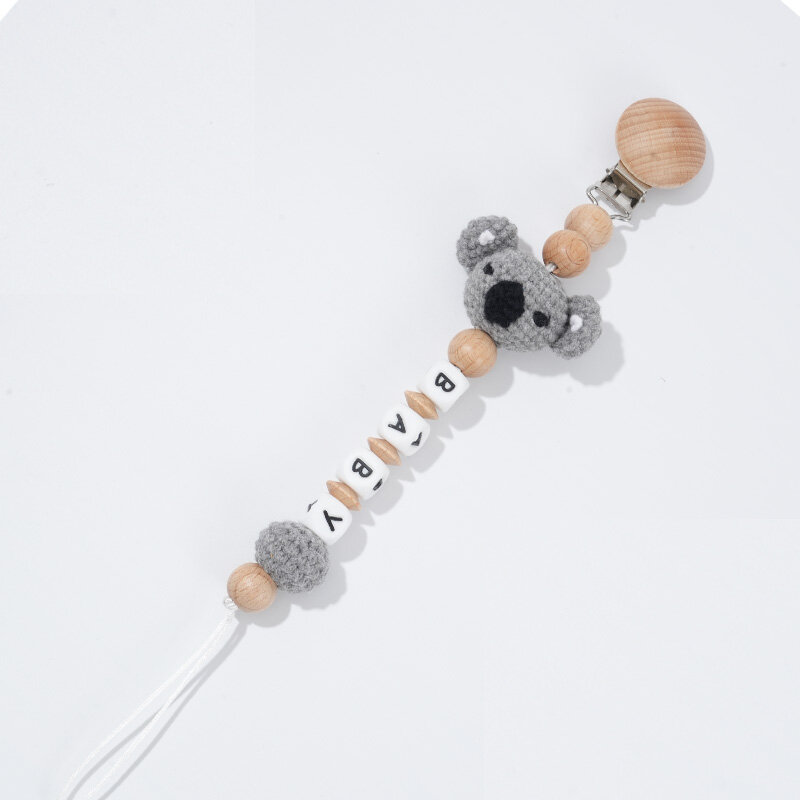 Nome personalizado do bebê Crochet Animal urso anel Clipes de chupeta Correntes de dentição seguras Mordedor ecológico Suporte de clipes de faia manequim