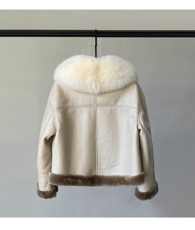 AYUNSUE-abrigo de piel de lana auténtica para mujer, chaqueta cálida de piel de zorro con cuello de piel auténtica, abrigos de piel Natural para motorista