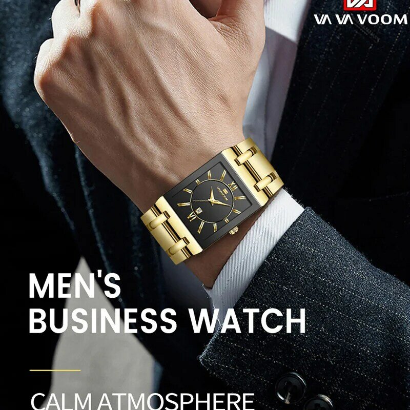 VA VA voom relogio masculino นาฬิกาผู้ชายทรงสี่เหลี่ยมแบรนด์ชั้นนำหรูหราควอตซ์สีทองนาฬิกาข้อมือสแตนเลสกันน้ำ