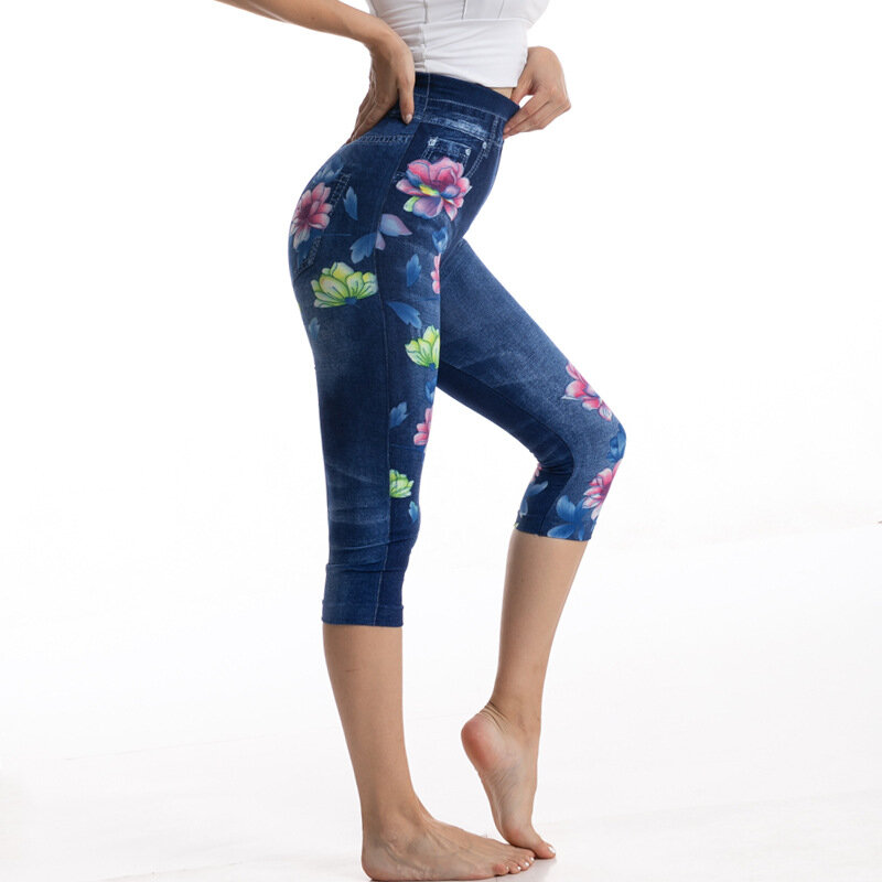 Vintage impresso imitação denim cintura alta leggings elástico hip lift capri yoga calças esportivas calças de brim