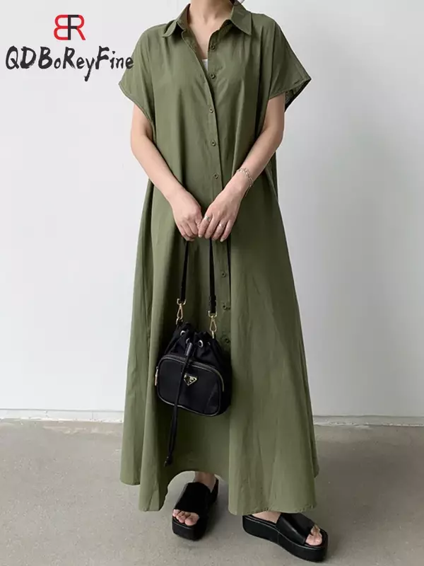 Vestido camisero elegante de manga corta para mujer, de una sola botonadura Tops de algodón, vestido Maxi informal coreano de gran tamaño, Verano