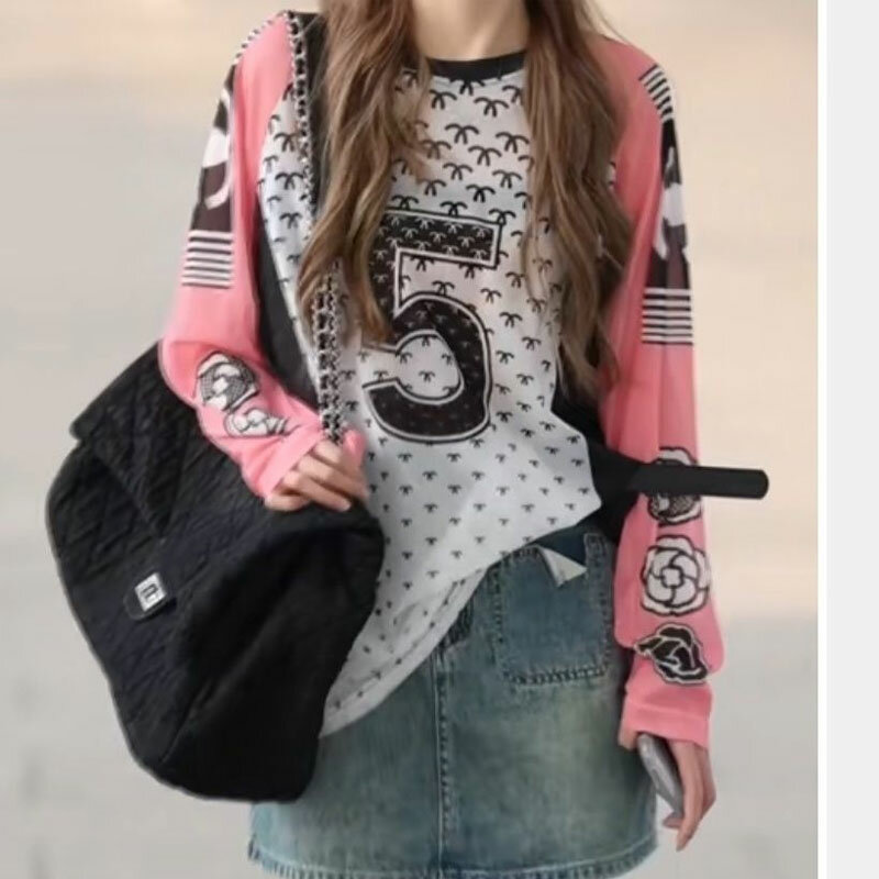 Женская одежда, пуловеры с надписью, стильная весенне-летняя стильная сетчатая Лоскутная эластичная Повседневная футболка с длинным рукавом и круглым вырезом