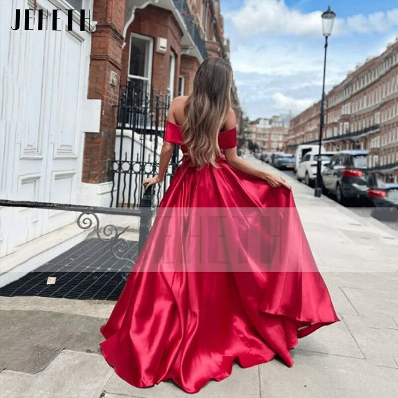 JEHETH Red Off Shoulder Satin Pleats Graduation Evening Dress for Wmoen Elegant Backless A Line Prom Party Gown Floor Length
