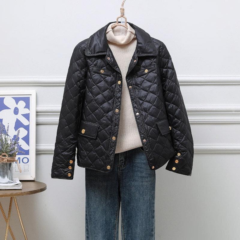 여성용 따뜻한 라이트 다운 재킷, 싱글 브레스티드 턴다운 칼라, 슬림 포켓 코트, 타이드 핏, 짧은 패션, 가을, 겨울, 신상