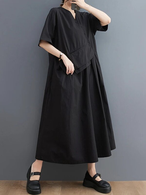 Patchwork kaki Vintage estate nuovo In abiti per le donne moda coreana manica corta allentato Casual abito lungo abiti eleganti 2023