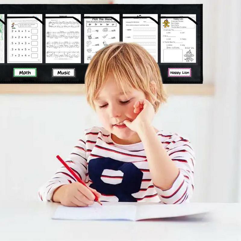 Multipurpose Hanging Pocket Chart, Wall Hanging File, Classroom Organizer for Papers Cards, Homework, 6 Label Grouping