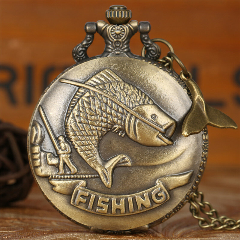 Классические гравированные рыболовные дизайнерские кварцевые карманные часы с животными для мужчин и женщин с подвеской рыбий хвост аксессуары ожерелье цепь подарок