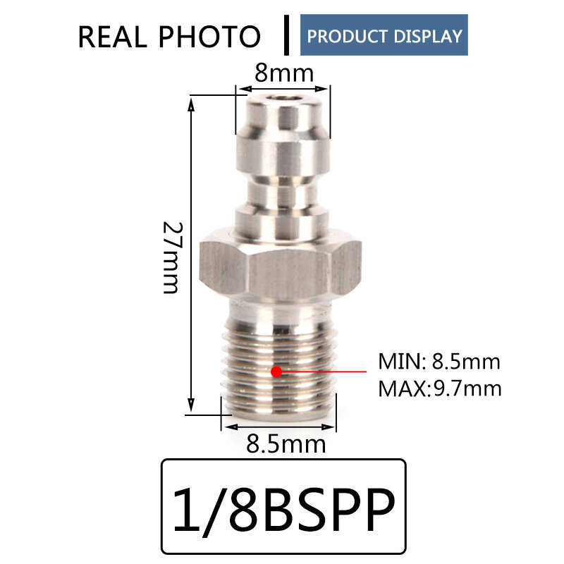 1/8NPT 1/8BSPP M10x1 Thread Air Refilling Stainless Steel Quick Coupler 8MM Male Plug Adapter Fittings 2pc/set